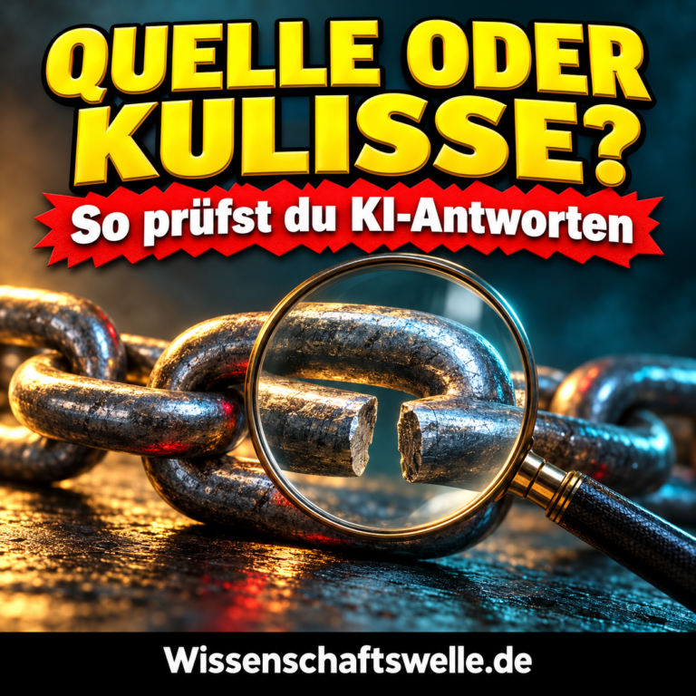 KI-Illustration einer Lupe über einem metallischen Kettenglied mit offener Verbindung, als Metapher für eine lückenhafte Belegkette.