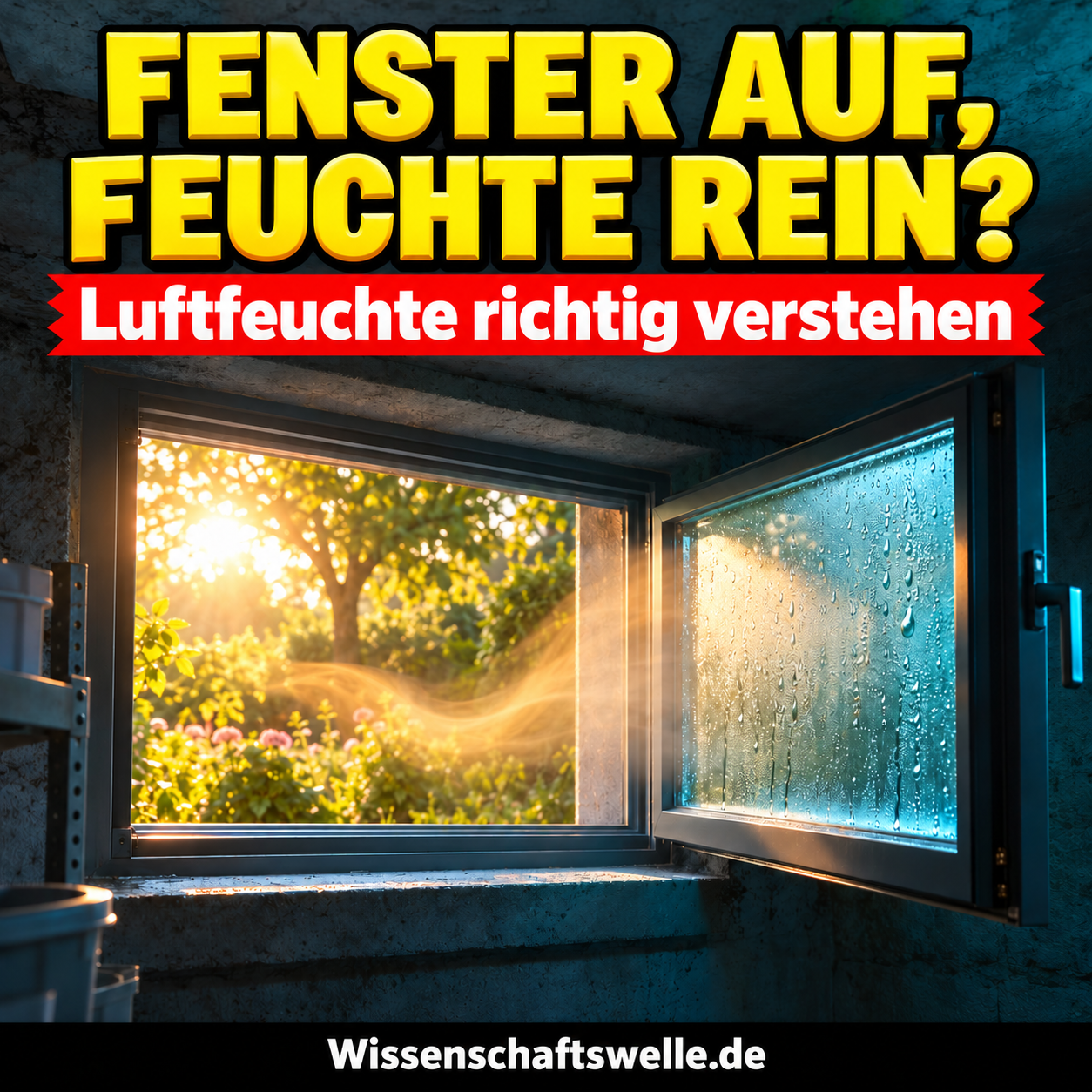 KI-Illustration eines offenen Kellerfensters, an dessen kühler Scheibe warmer Außendunst als Metapher für sommerlichen Feuchteeintrag kondensiert.