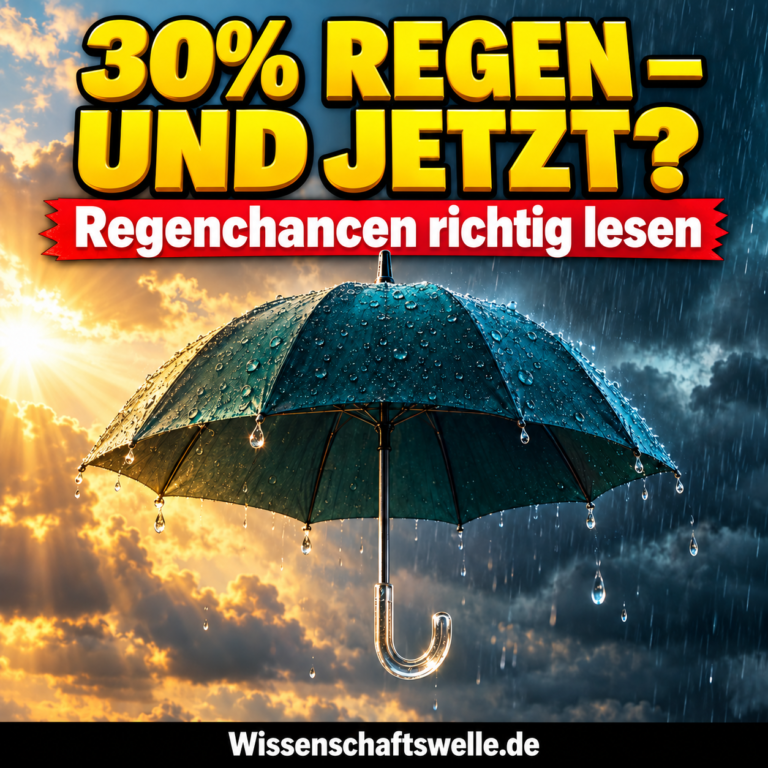KI-Illustration eines einzelnen Regenschirms zwischen wenigen Regentropfen und warmem Licht als Metapher für eine unsichere Wetterentscheidung.