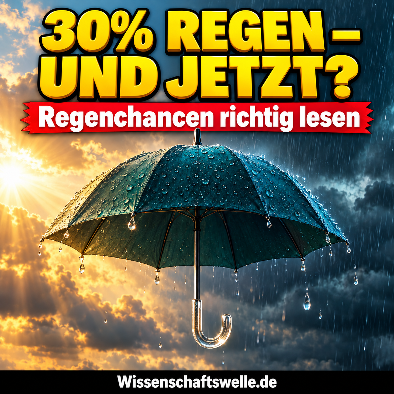 KI-Illustration eines einzelnen Regenschirms zwischen wenigen Regentropfen und warmem Licht als Metapher für eine unsichere Wetterentscheidung.