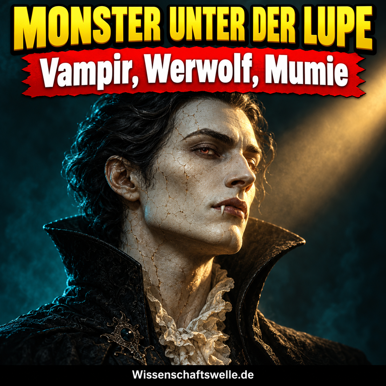 KI-Illustration: Eine fiktive Vampirbüste wird von einem warmen Lichtstrahl aus dem Dunkel herausgelöst. Keine historische Rekonstruktion.