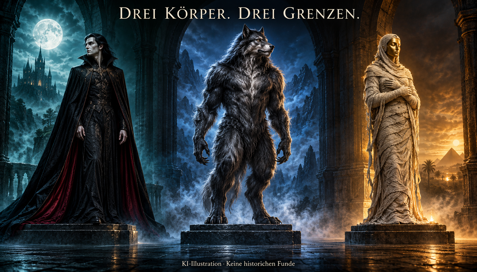 KI-Fantasieillustration: links ein eleganter Vampir, in der Mitte ein Wolfsmensch, rechts eine vollständig eingehüllte Mumienfigur. Keine historischen Funde.