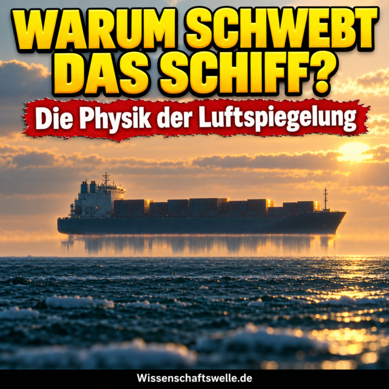 KI-Illustration eines verzerrten, scheinbar schwebenden Schiffsbilds über kühlem Meer. Symbolbild, keine dokumentierte Sichtung.