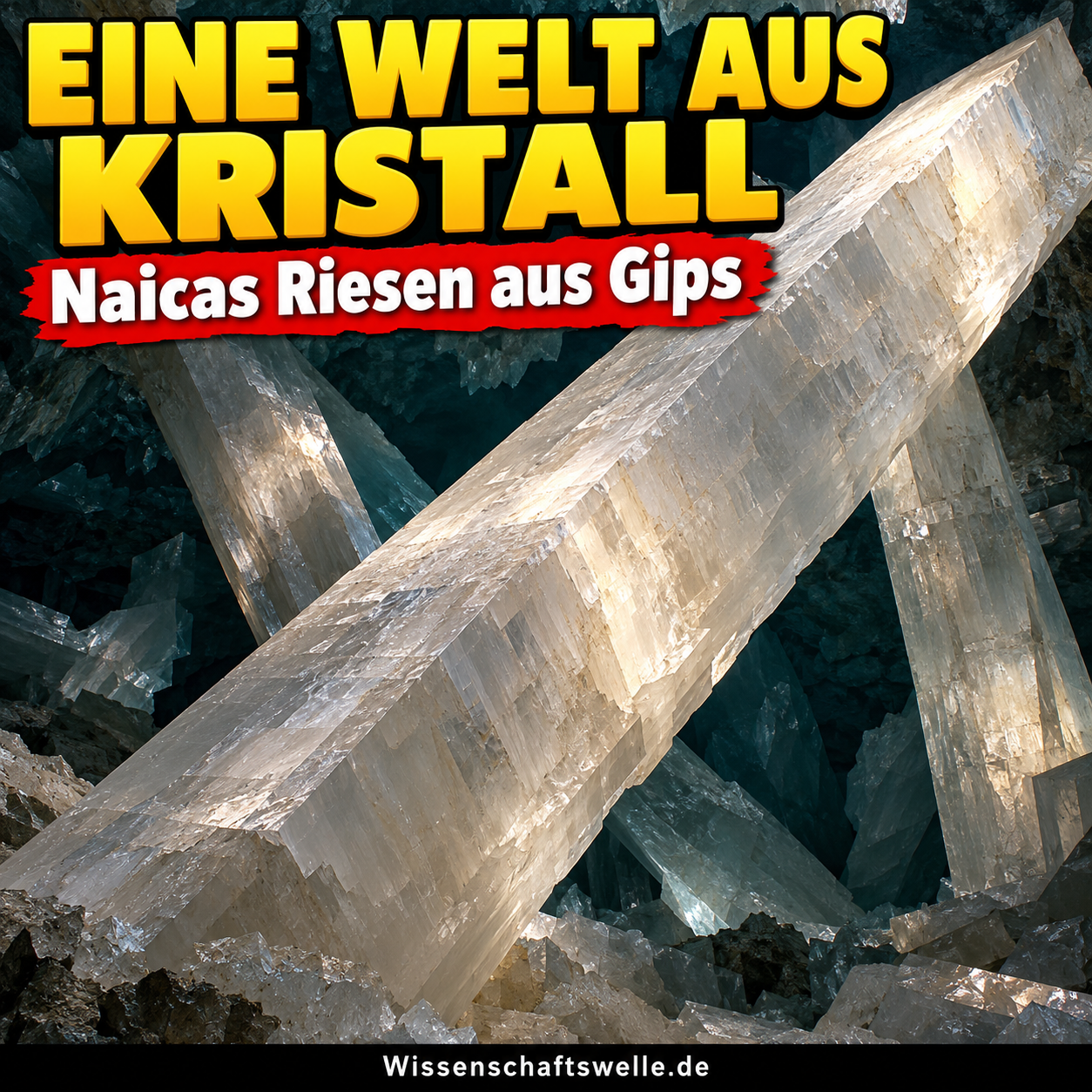 KI-Symbolillustration einer unterirdischen Welt aus riesigen blassen Gipsbalken; keine fotografische Dokumentation der Naica-Höhle.