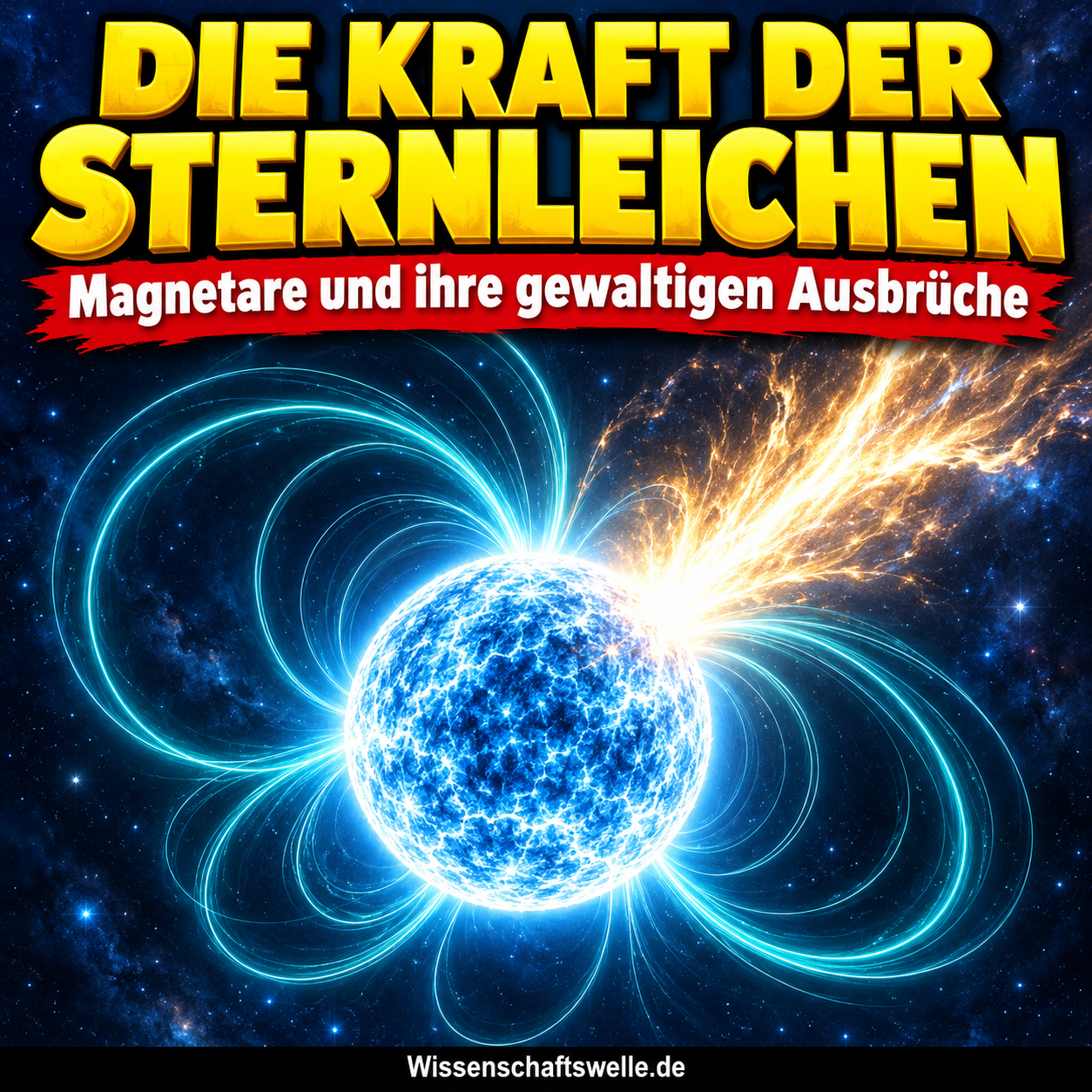 KI-Symbolillustration eines Magnetars mit hellen magnetischen Bögen und einem Strahlungsausbruch; kein Teleskopfoto und keine maßstäbliche Darstellung.