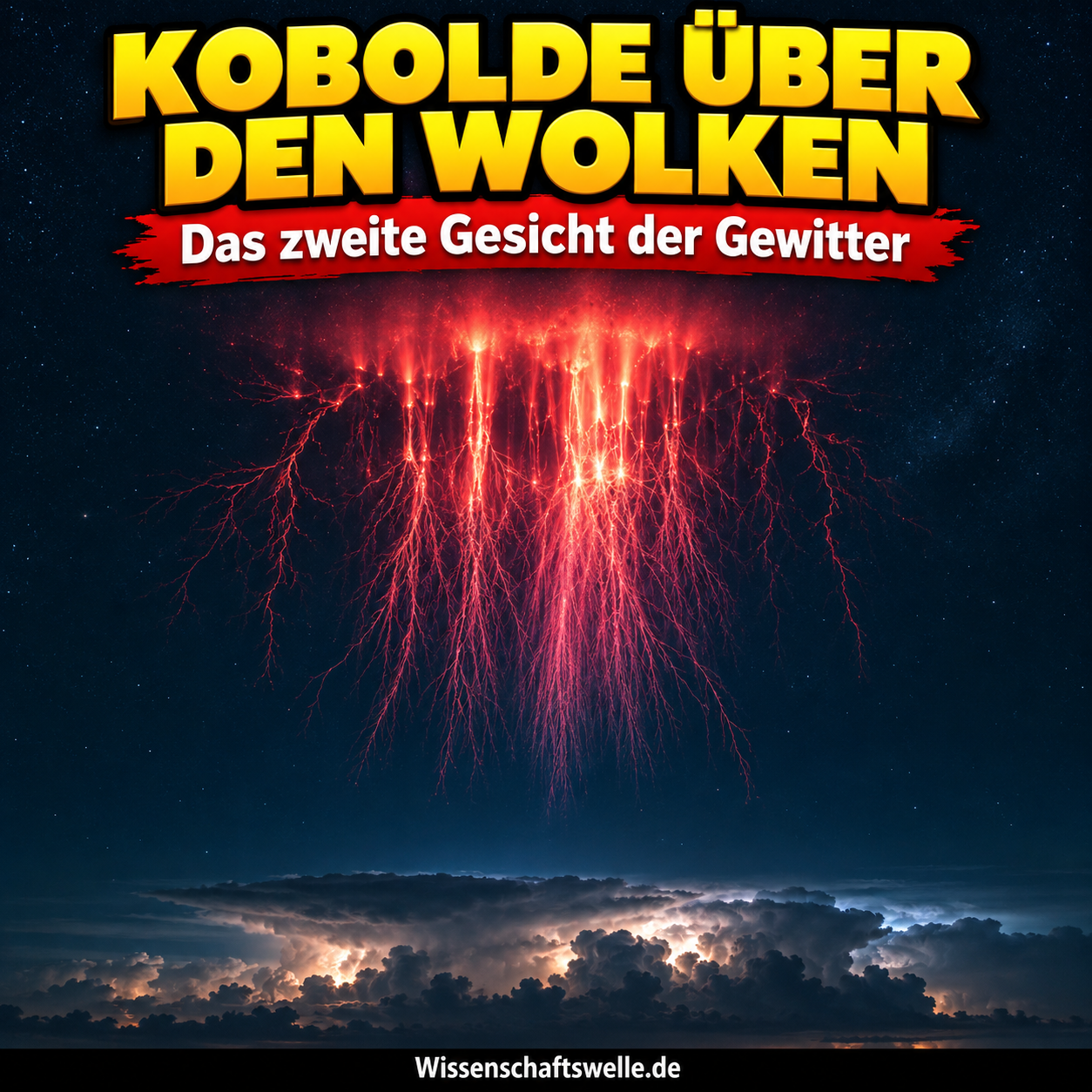 KI-Symbolillustration eines roten Sprites, der mit sichtbarem Abstand über dunklen Gewitterwolken leuchtet; keine dokumentarische Aufnahme und kein Maßstab.