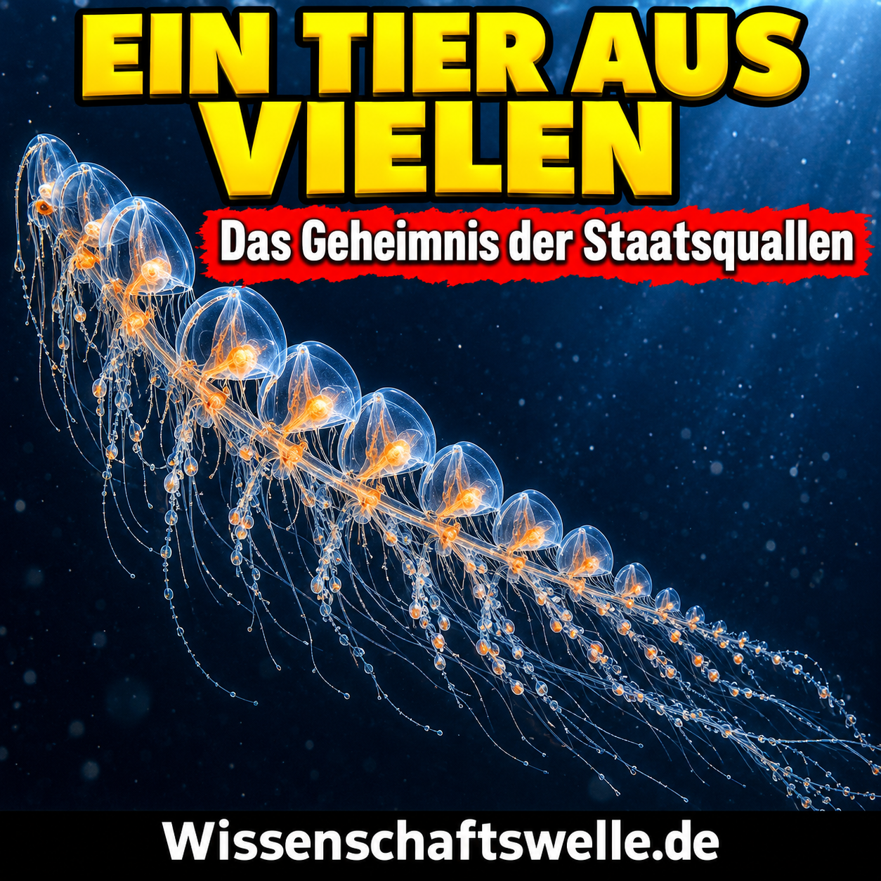 KI-Symbolillustration einer durchsichtigen Staatsqualle mit vielen Schwimmglocken an einem gemeinsamen Stamm und einem nachgezogenen Faden; keine Artbestimmung oder dokumentarische Aufnahme.