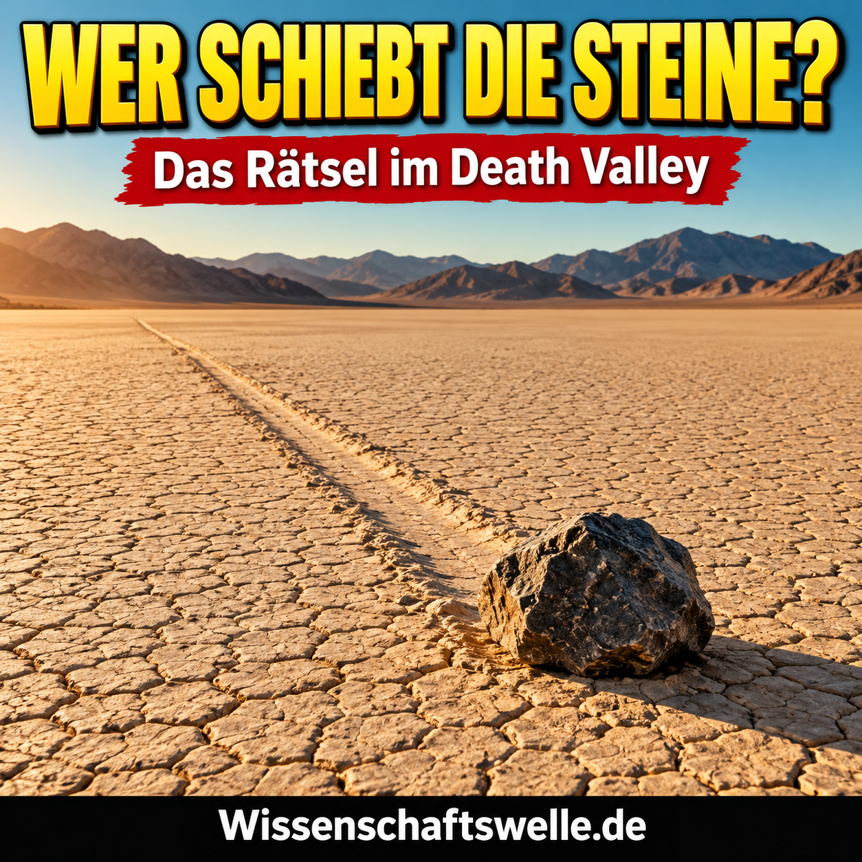 KI-Symbolillustration eines ruhenden Steins am Ende einer langen Spur auf trockenem Wüstenboden; zeigt den zurückbleibenden Befund, keine Aufnahme der Bewegung.