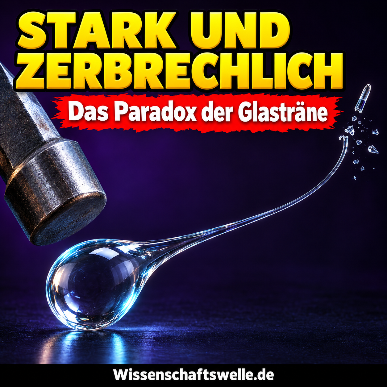 KI-Symbolillustration einer Glasträne neben einem Hammer und einer abgetrennten Schwanzspitze. Gegenüberstellung zweier Belastungen, keine echte Hochgeschwindigkeitsaufnahme.
