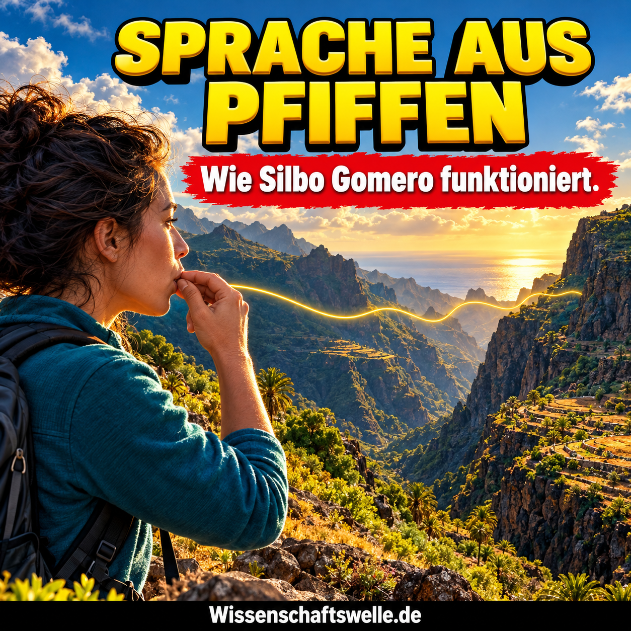 KI-Symbolillustration einer pfeifenden erwachsenen Person vor einer kanarischen Schlucht. Eine gelbe Linie symbolisiert die übertragene Nachricht; keine reale Schallmessung oder Dokumentarfotografie.