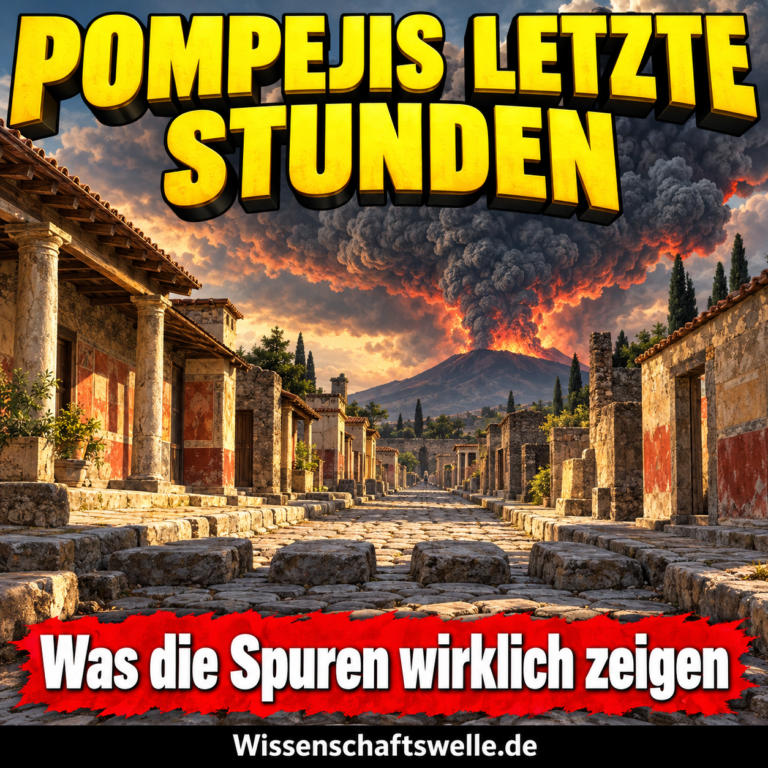 KI-Illustration einer römischen Straße unter einer dunklen Eruptionswolke; symbolische Annäherung an Pompejis Untergang, keine archäologische Rekonstruktion oder historische Aufnahme.