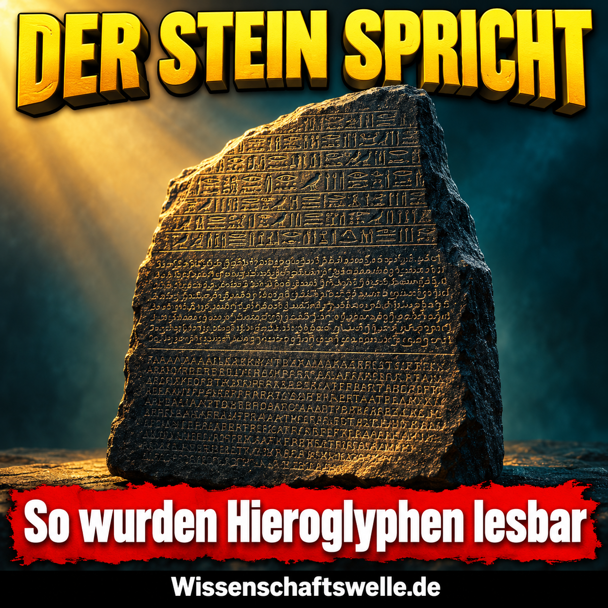 KI-Symbolillustration einer dunklen beschrifteten Steinplatte mit warmem Streiflicht; keine originalgetreue Wiedergabe des Rosettasteins oder seiner Inschrift.