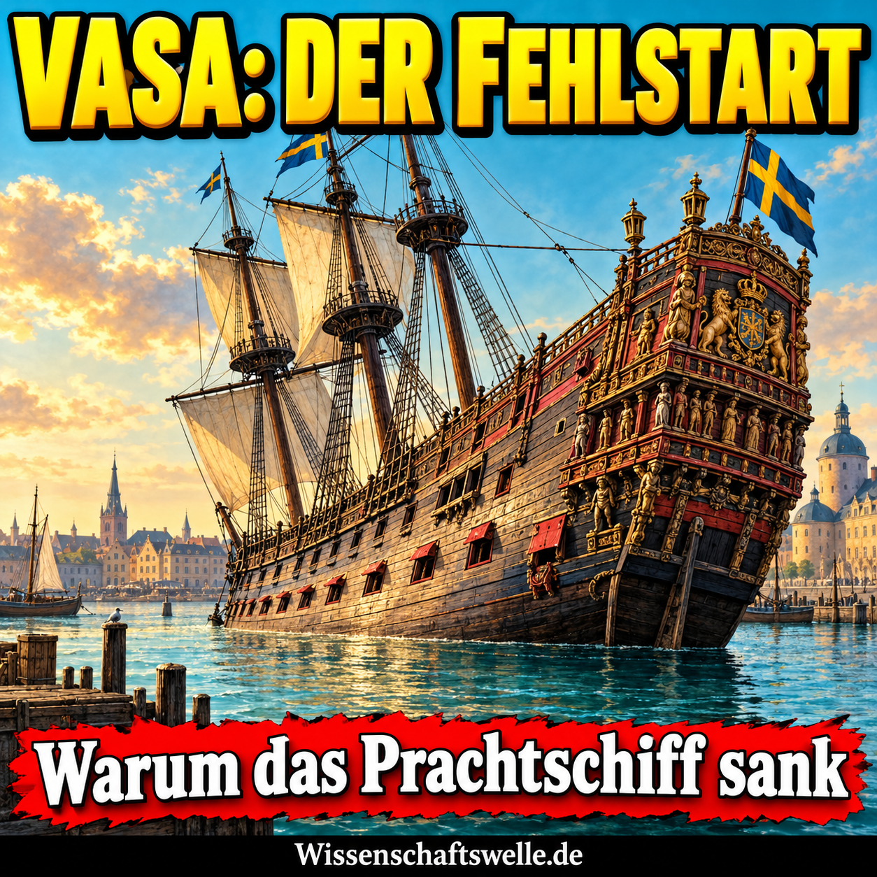 Symbolische KI-Illustration eines frühneuzeitlichen Segelschiffs mit Schlagseite in einem Hafen; keine genaue Rekonstruktion der Vasa oder der Unglückssituation.