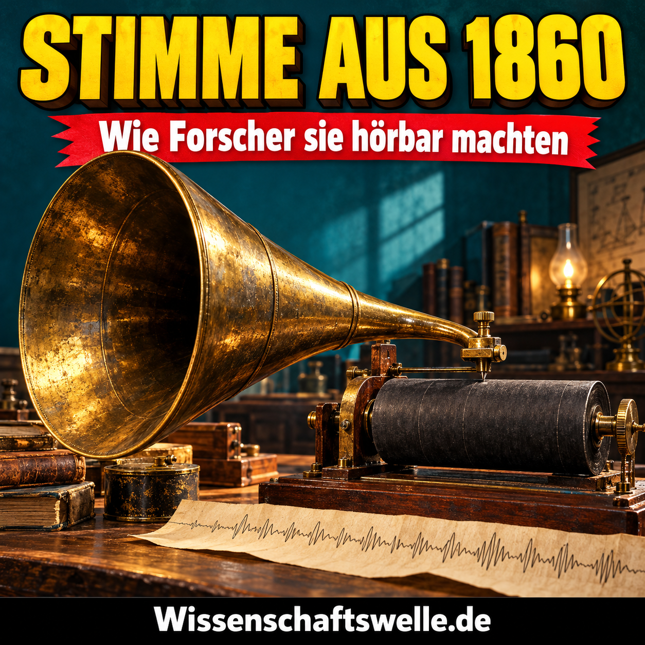 Symbolische KI-Illustration eines frühen akustischen Aufnahmegeräts mit Trichter, Papierwalze und Schallspur; keine maßstäbliche Rekonstruktion eines bestimmten Apparats.