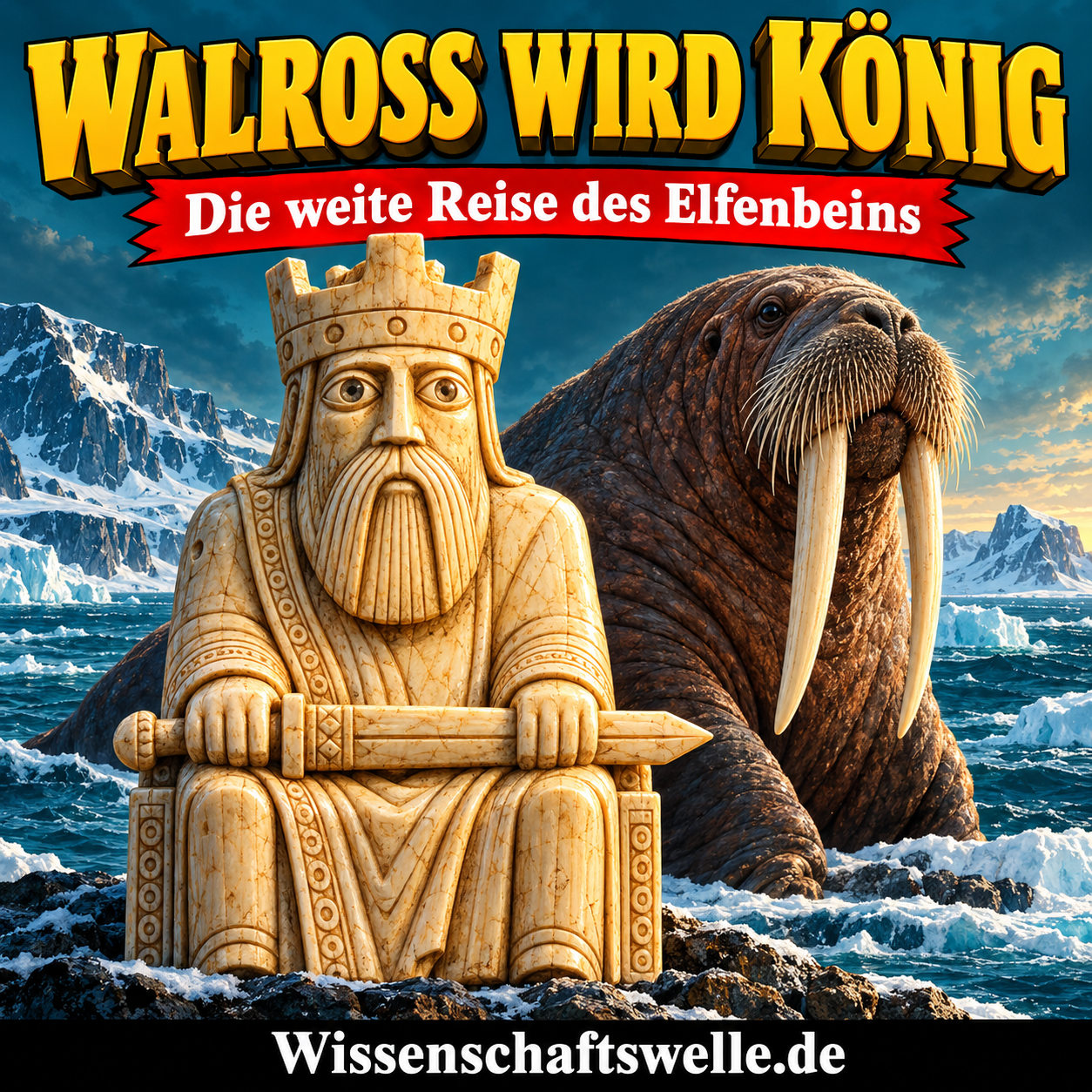 Symbolische KI-Illustration eines mittelalterlich gestalteten Elfenbeinkönigs vor einem Walross; kein Foto einer originalen Lewis-Figur und keine belegte Reiseroute.