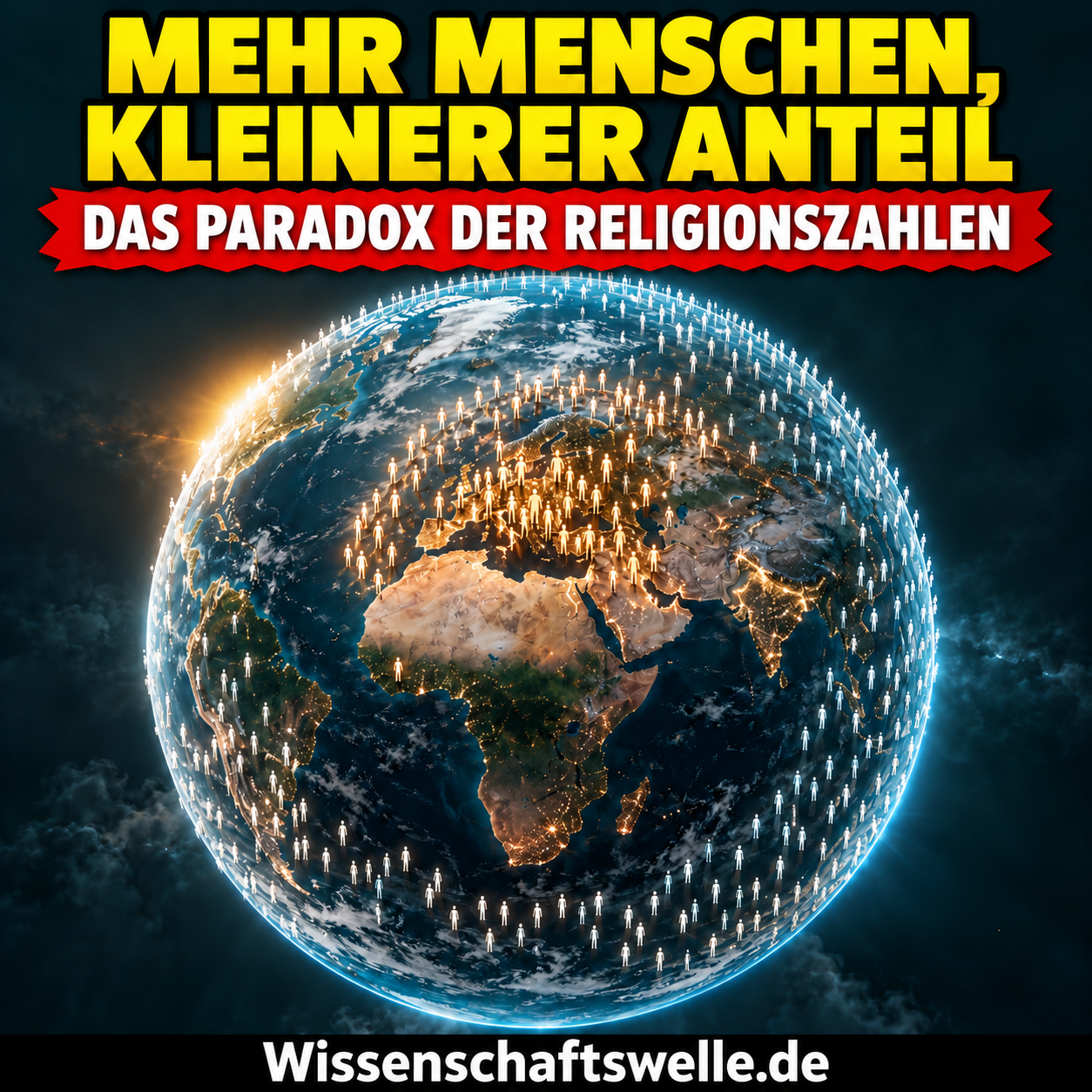 Eine leuchtende Weltkugel zeigt gegenläufige Bewegungen von Menschen; darüber gelber Titel und roter Banner zur Religionsdemografie.