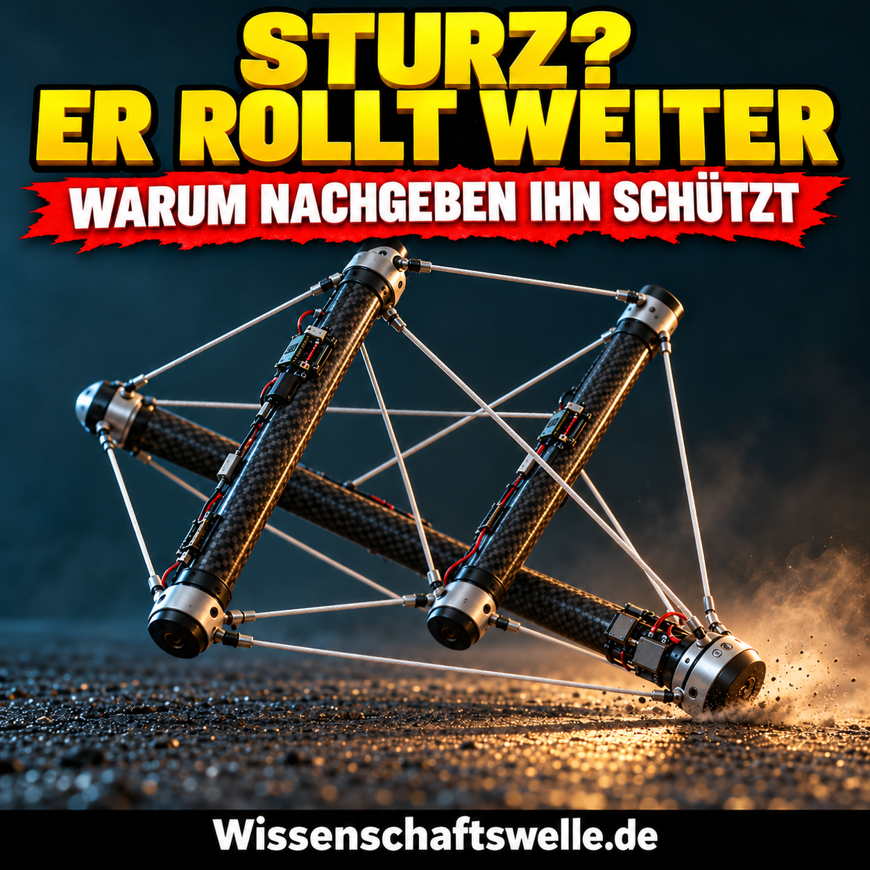 Konzeptionelle KI-Illustration eines Tensegrity-Roboters aus drei Stäben und elastischen Zugseilen beim Aufsetzen auf Asphalt.