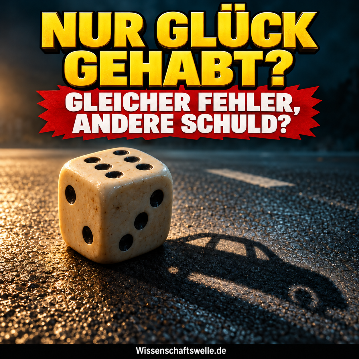 Symbolische KI-Illustration: Ein großer Würfel liegt auf einer dunklen Straße und wirft einen Schatten in Form eines Autos. Darüber steht NUR GLÜCK GEHABT?