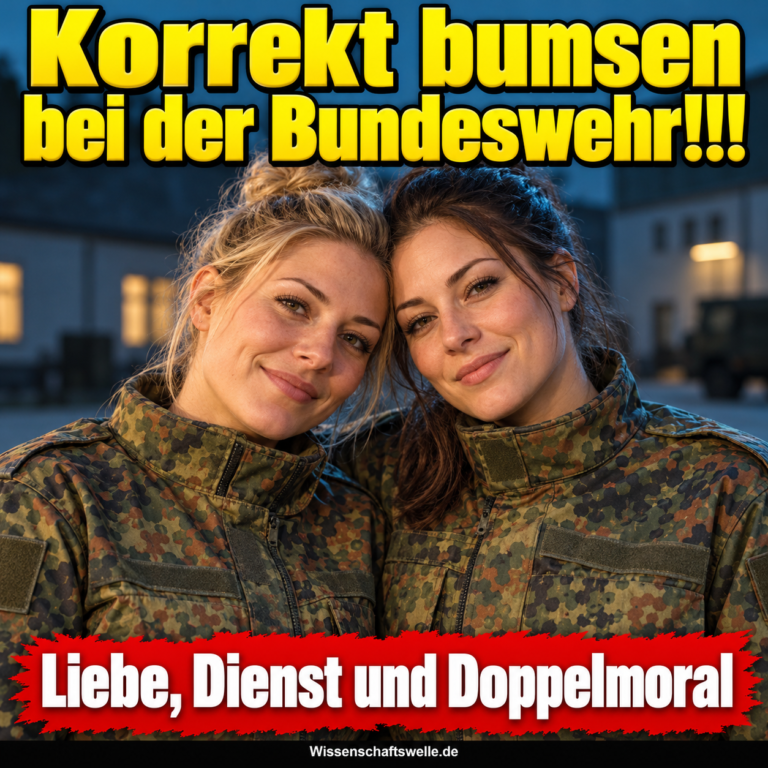 KI-generierte Illustration: Zwei fiktive, eindeutig erwachsene Soldatinnen in geschlossener Flecktarnuniform stehen liebevoll aneinandergelehnt. Gelbe Überschrift: Korrekt bumsen bei der Bundeswehr!!!; roter Banner: Liebe, Dienst und Doppelmoral. Keine Darstellung realer Beteiligter.