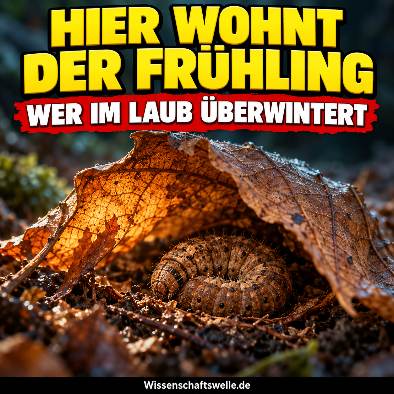 Symbolische KI-Makroillustration: Unter einem gewölbten braunen Herbstblatt ruht eine eingerollte Raupe. Gelber Text: Hier wohnt der Frühling; roter Banner: Wer im Laub überwintert.