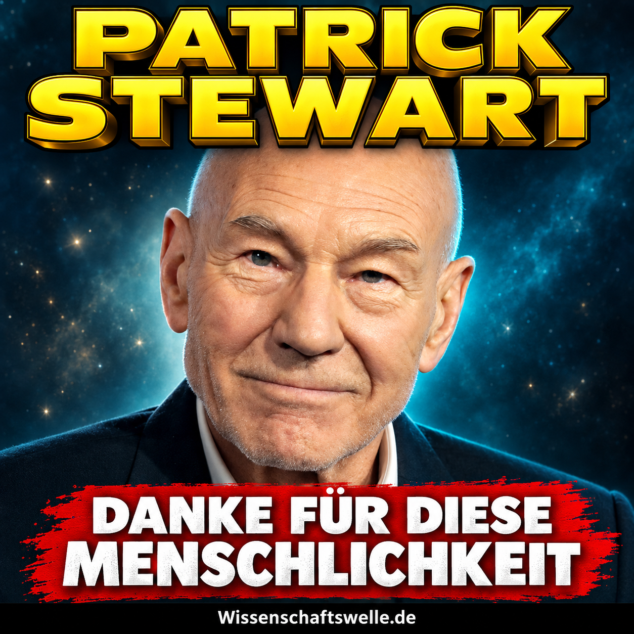 Patrick Stewart in einem mit ImageGen gestalteten Würdigungscover auf Grundlage seines echten Comic-Con-Porträts. Text: Patrick Stewart – Danke für diese Menschlichkeit.
