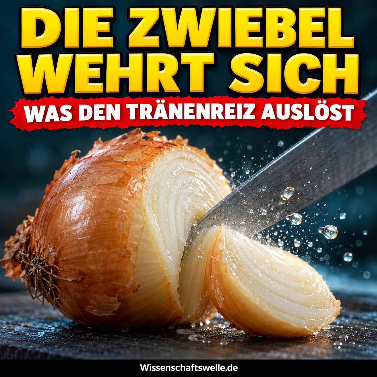 KI-Makroillustration: Eine Messerklinge schneidet eine Zwiebel; beleuchtete Safttröpfchen verlassen die Schnittstelle. Gelbe Headline: Die Zwiebel wehrt sich. Roter Banner: Was den Tränenreiz auslöst.