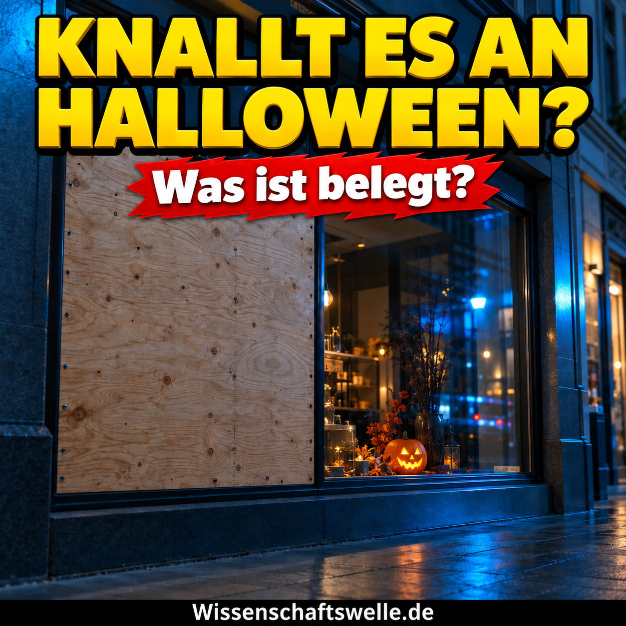 KI-Symbolbild: Intaktes, teilweise mit Holz geschütztes Schaufenster mit kleinem Halloween-Kürbis und blauem Licht. Text: Knallt es an Halloween? Was ist belegt?