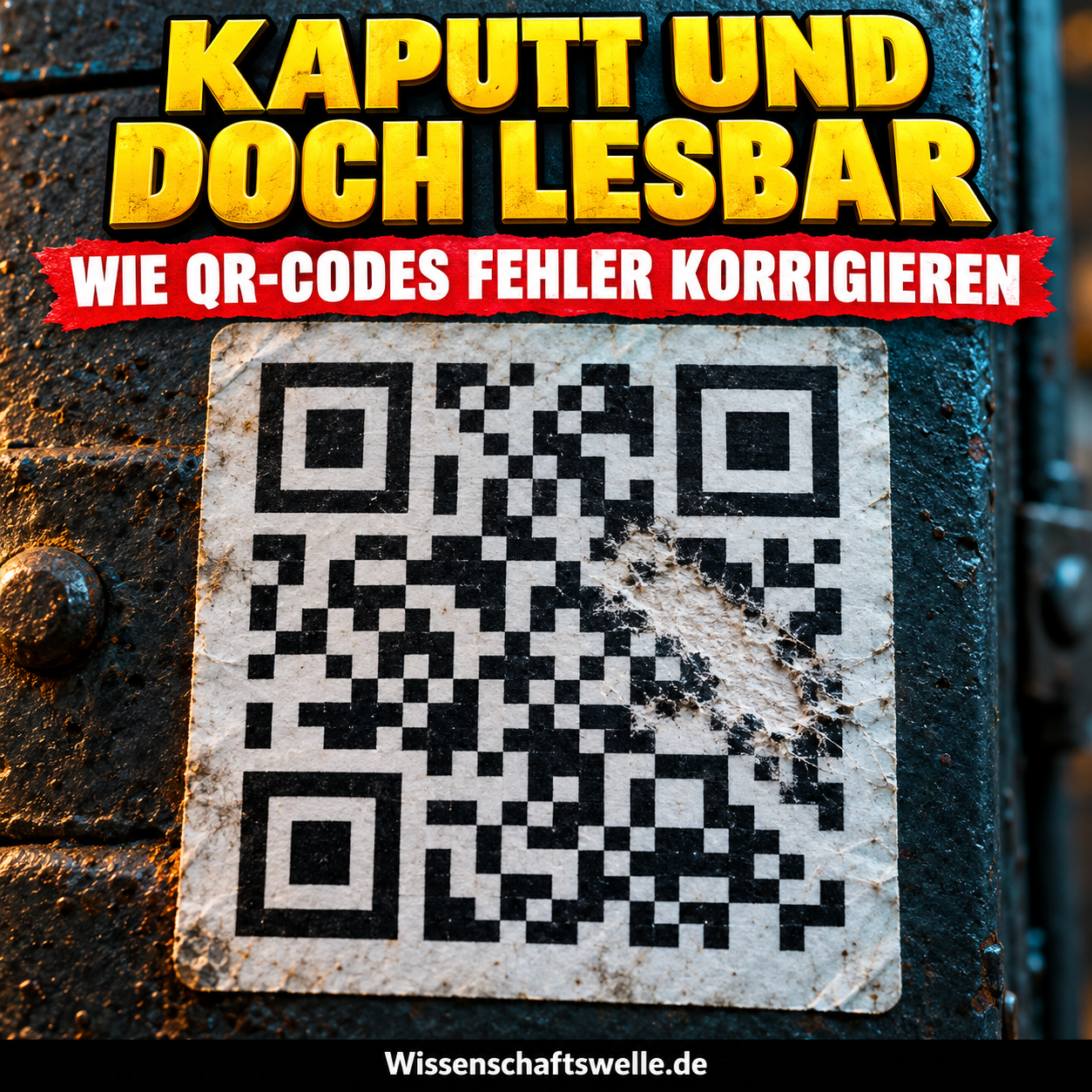 KI-Symbolbild: Ein großes QR-Etikett mit abgeschabter Mitte; darüber „KAPUTT UND DOCH LESBAR“ und „WIE QR-CODES FEHLER KORRIGIEREN“. Kein getesteter Scan.